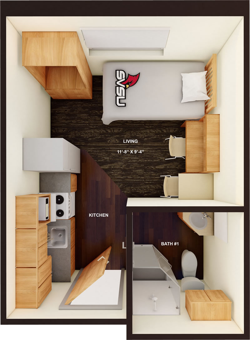 University Villiage Single Efficiency 3D Floor Plan in color